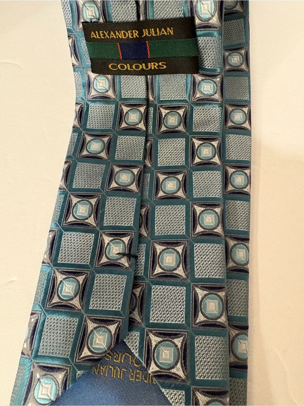 Vintage Alexander Julian COLOURS 100% Silk Tie Teal Blue Gray Geometric 80s 90s